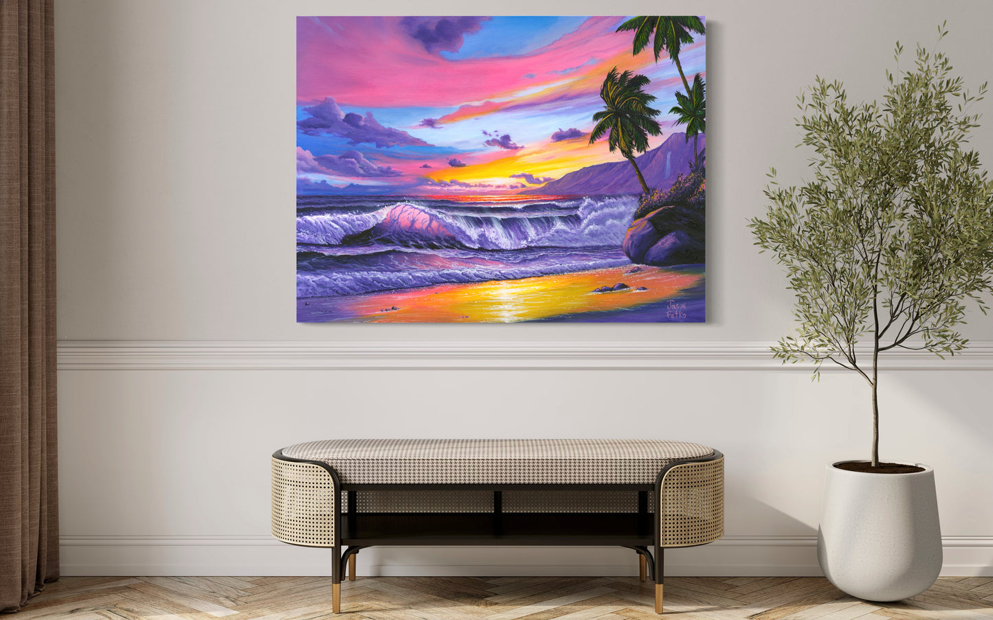 Beach Painting Ocean Art - "Pink Pacific Palms" by Jason Fetko