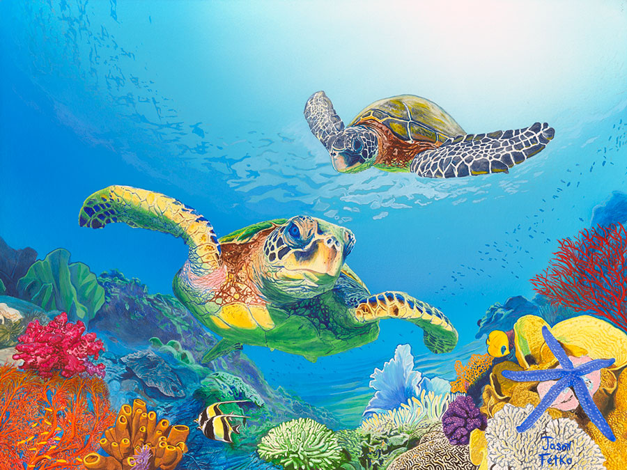 Sea Turtle Painting Art Canvas Print - Sea Turtle Treasures by Jason –  Jason Fetko