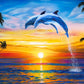 Dolphin Sunset Art Print, Dolphins Art, Ocean Palm Trees Art Print Beach Wall Decor, Dolphin art, Dolphin Poster, Dolphins art print, Sunset