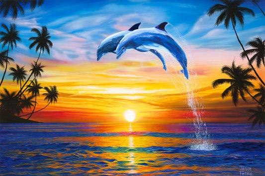 Dolphin Sunset Art Print, Dolphins Art, Ocean Palm Trees Art Print Beach Wall Decor, Dolphin art, Dolphin Poster, Dolphins art print, Sunset
