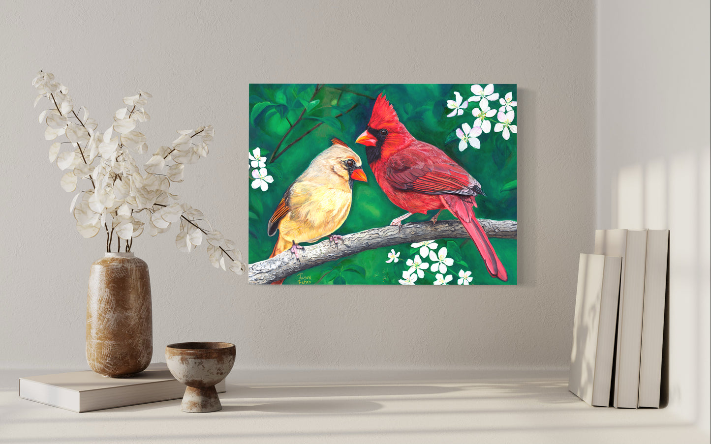 Cardinal Bird Painting Art - "Apple Blossom Romance" by Jason Fetko