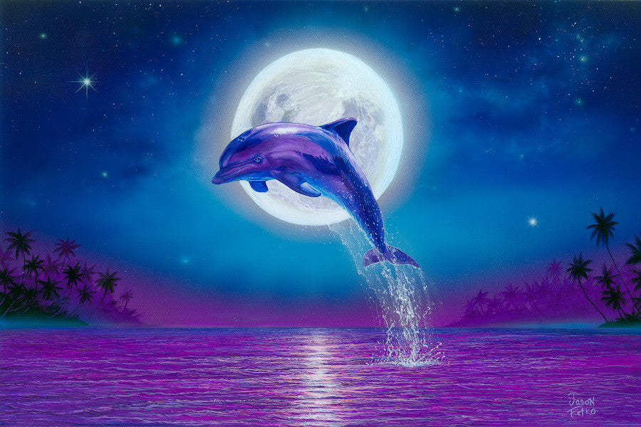 Dolphin Wall Decor, Dolphin Canvas Art, Large Beach Painting, Dolphin Canvas Wall Art, Dolphin Moonlight Painting Gallery Wrap